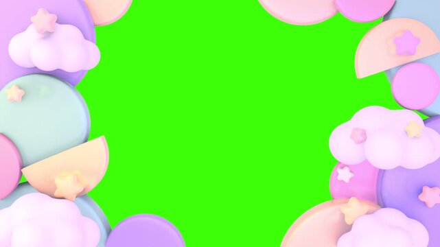 Pastel circles and clouds frame on green screen animation. (loop)