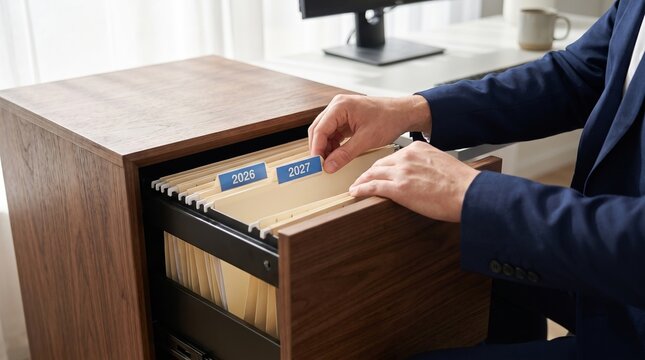 Businessman organizing hanging file folders with year labels inside a wooden cabinet drawer at a bright modern professional corporate office