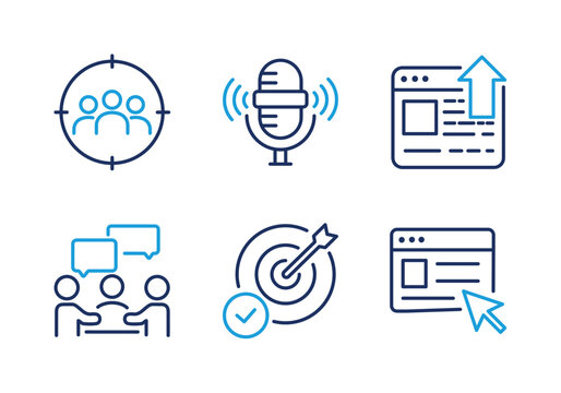 Content Marketing and Audience Targeting thin line icon set. Minimal web icons