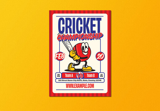 Red Retro Cartoon Cricket Championship League Flyer