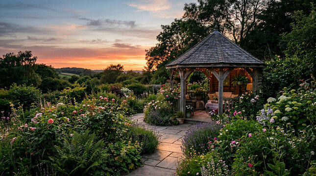 Charming wooden gazebo nestled in a blooming summer garden at colorful sunset