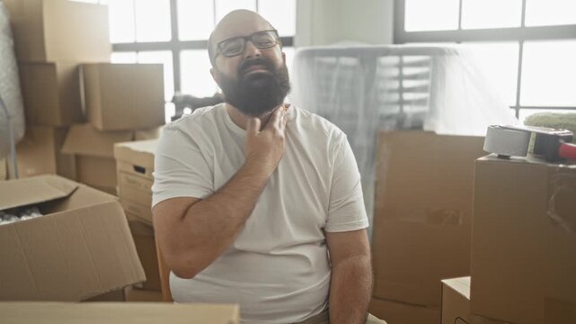 Man with beard and glasses rubbing his neck while seated among stacked moving boxes, wrapped furniture and packing materials in a sunlit building room; fatigue.
