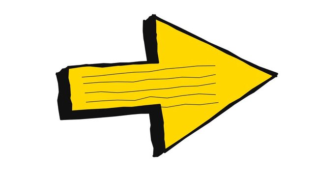 Hand-drawn yellow arrow icon with thick black outline and hatch marks pointing right, isolated on white background. Perfect for presentations, educational videos, and business graphic highlights.