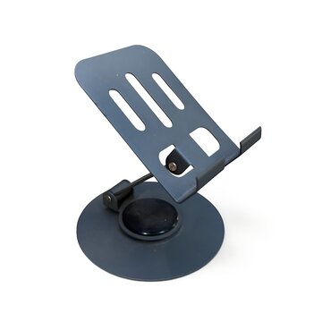 Dark gray metal desktop stand for phone or tablet on white background