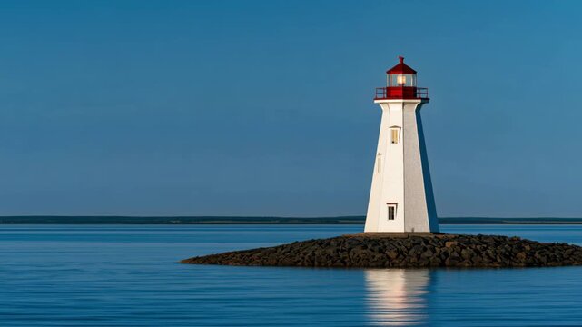 Lighthouse stands on rocky shore during early evening in calm waters