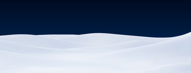 Obraz premium Realistic 3d snow mountains and snowdrifts landscape, winter snowy land scene background. White snow field landscape with 3d frozen mounds and ice hills at night for Christmas or winter nature themes