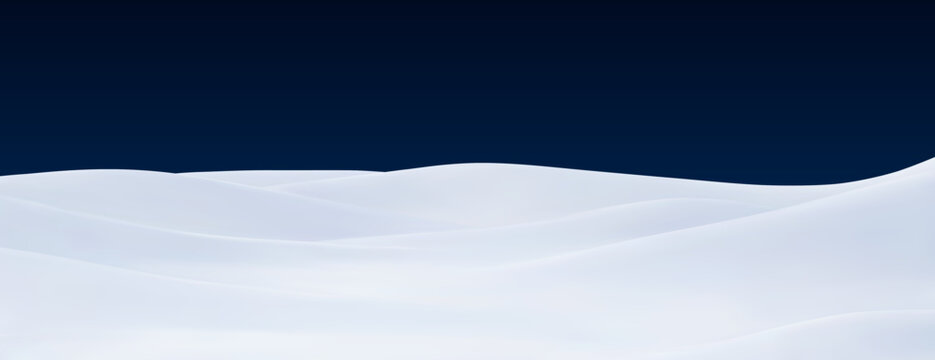 Realistic 3d snow mountains and snowdrifts landscape, winter snowy land scene background. White snow field landscape with 3d frozen mounds and ice hills at night for Christmas or winter nature themes
