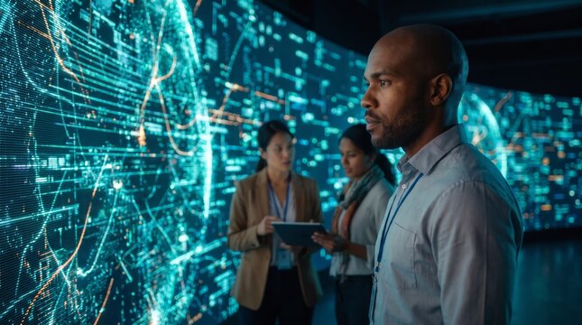 Businessman monitoring artificial intelligence systems