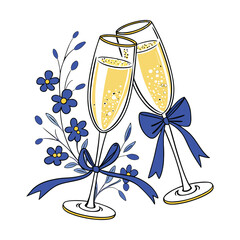 Elegant champagne flutes with blue ribbons and flowers, sparkling wine glasses for wedding celebration, festive toast vector illustration © Md