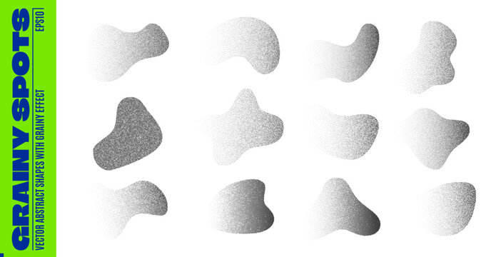 Noise grain dot freeform shape figures, stipple spray blobs with soft gradient texture. Vector abstract organic forms with irregular grainy edges, halftone shading and fluid contemporary pattern