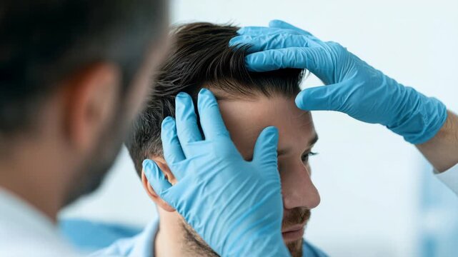 Treatment plans for alopecia at a clinic with a doctor examining a patient's hair