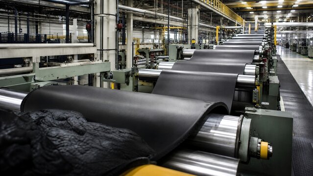 Rubber production in factory: A large-scale industrial factory produces rubber sheets, showcasing a smooth and efficient manufacturing process.
