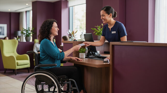 wheelchair user receiving key card from hotel receptionist at check in desk in modern lobby