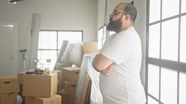 Man with arms crossed leaning against window amid packed boxes in building; contemplation solitude pause.