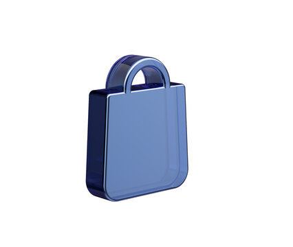 Blue glossy 3D shopping bag icon isolated on white background for retail, 3d illustration