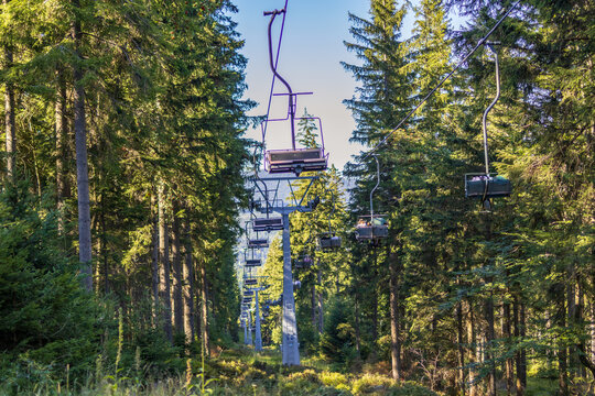 Chairlift ascends through dense forest of tall pine trees on the way to Szrenica peak. Concept of mountain travel infrastructure and scenic chairlift ride through Karkonosze forest wilderness.