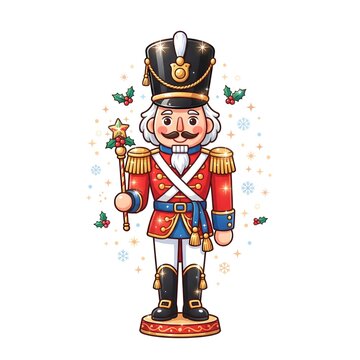Traditional Christmas nutcracker soldier holding a golden ornament, dressed in a detailed festive uniform, classic holiday illustration.