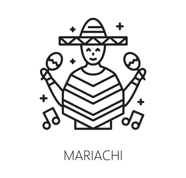 Mariachi in sombrero with maracas line icon for Mexican holiday and celebration. Mexican mariachi man in poncho with musical notes play music for traditional fiesta or festival of Mexico