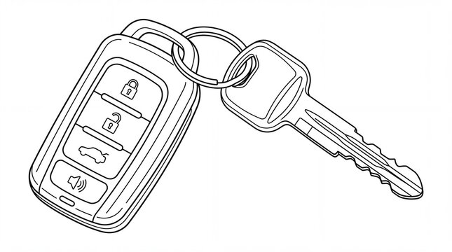 Minimalist car key line art, modern vehicle remote fob illustration, black and white automotive key outline on white background
