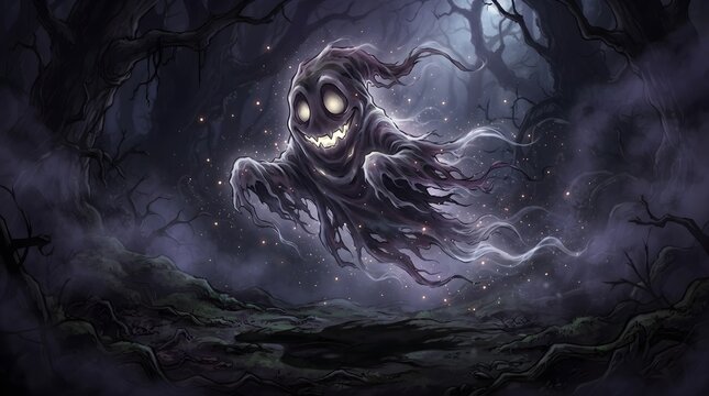 Creepy cartoon ghost floating through a dark foggy Halloween landscape under a mysterious moonlit sky, spooky animated illustration.