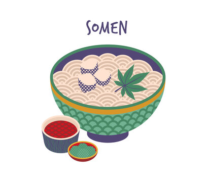 Somen noodles in decorative Japanese ceramic bowl with scales pattern and green leaf garnish accompanied by two dipping cups of sauces. Vector fresh summer Asian meal, traditional Japan cuisine