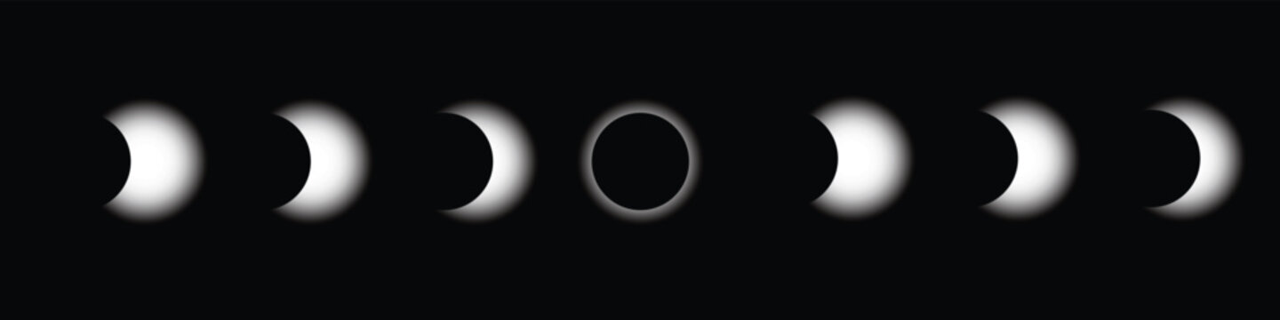  Moon phases icon set. moon astronomy set vector. Moon phases sharp shadow. black background moon set illustration.

