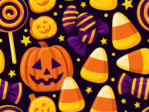 Motif r&eacute;p&eacute;titif de friandises d'Halloween vintage : bonbons, sucettes et biscuits en citrouille sur fond noir r&eacute;tro