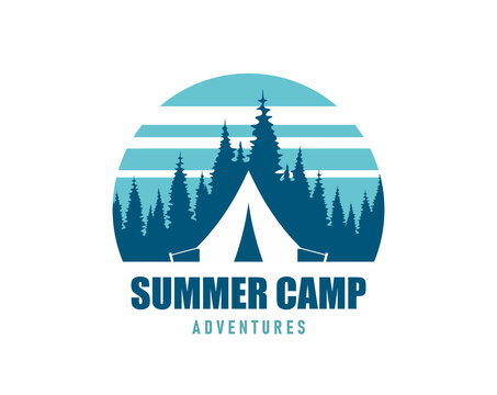 Summer forest camping icon with white triangular tent and pine forest silhouettes. Modern emblem with striped teal circle for travel agency branding, hiking gear packaging and nature retreat marketing