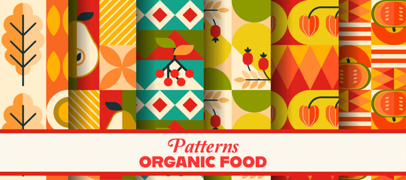 Organic food and autumn harvest seamless geometric patterns. Vector abstract farm food tile backgrounds with fruits, plants, leaves, veggies and retro modern shapes of nature, seasonal eco crop