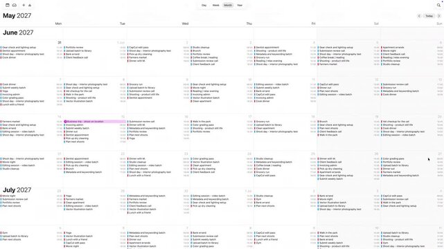 Annual schedule calendar screen displaying organized timetable with work deadlines. Digital planner interface showing full year project management system. Modern business software interface