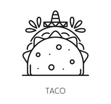 Taco line icon for Mexican holiday and Mexico food or traditional cuisine sandwich. Taco with sombrero hat icon, Mexican fast food or Latin tortilla dish for culture and ethnic tradition symbol
