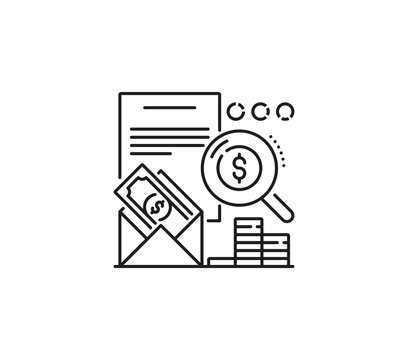 Anti money laundering icon with financial transaction review, cash envelope, document, magnifying glass and coins. Outline symbol for AML compliance, suspicious transaction monitoring and banking
