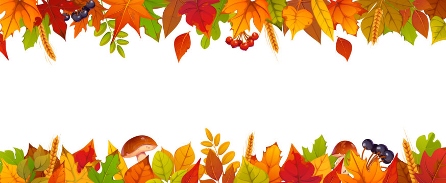 Autumn fall leaves and season harvest mushrooms, berries and wheat border frame. Festive harvest frame featuring red maple, oak, and birch foliage and golden wheat ears for Thanksgiving greetings