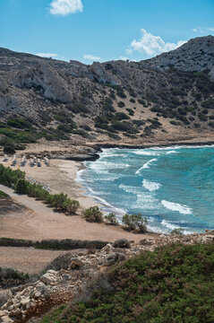 Elevated view of Paralia Agios Nikolaos (Agios Nikolaos Beach) in Arkasa on Greek Island Karpathos