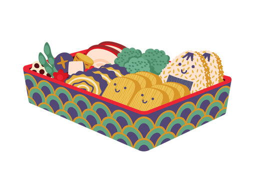 Japanese kids bento lunch box packed with smiling sesame rice ball, happy dumplings, broccoli, tamagoyaki, edamame and radish slices. Teal and purple meal lunch box for school lunch planning apps