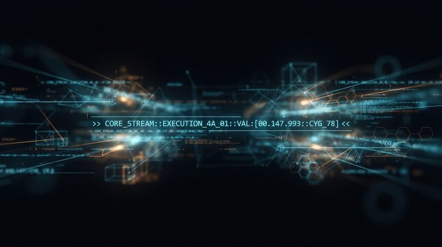 3D data visualization with glowing circuit lines and computer code, capturing cybersecurity and big data concept for software development and futuristic IT server network backgrounds.