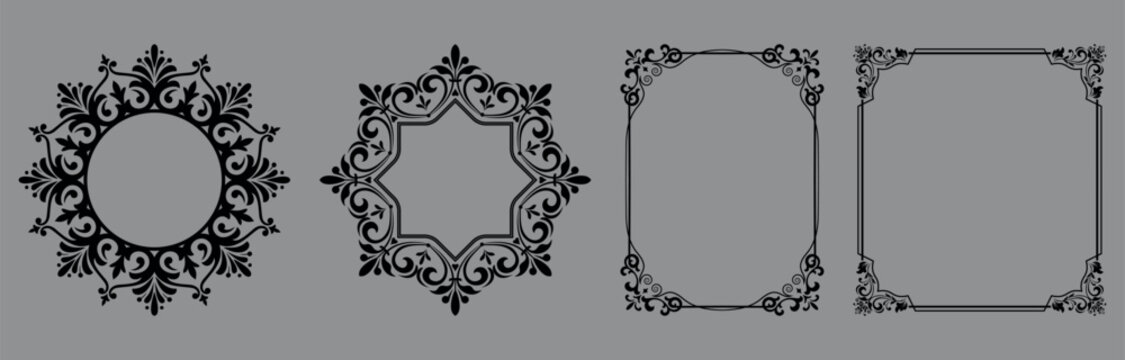 Set of decorative frames Elegant vector element for design in Eastern style, place for text. Floral black and gray frames. Lace illustration for invitations and greeting cards