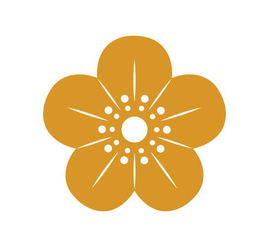 Golden flower icon, Asian gold cherry, plum or sakura floral symbol, Japanese design element. Oriental New Year blossom silhouette ornament. Bloom pattern with five gold petals, festive seasonal plant