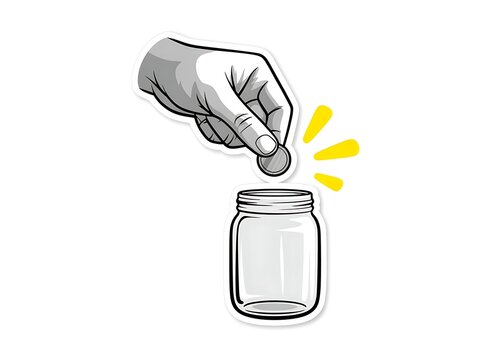 Glass jar receiving a coin from a hand symbolizes financial investment.