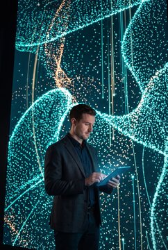 Businessman checking tablet by particle display