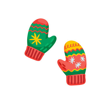 Christmas decoration of mittens with snowflakes ornament for winter holiday, cartoon vector icon. Knitted mitten gloves with Xmas snow embroidery for Christmas tree decoration and New Year greetings