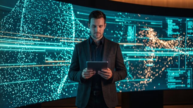 Man monitoring artificial intelligence network