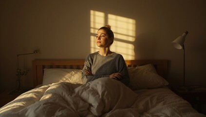 Fototapeta premium A contemplative woman sitting on a bed wrapped in blankets, bathed in soft morning light