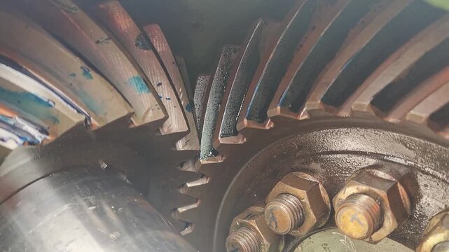 Heavy-duty spiral bevel gear assembly meshing together, featuring detailed teeth contact patterns with blue lubrication dye on the mechanical component. Industrial machine equipment part, close-up wit