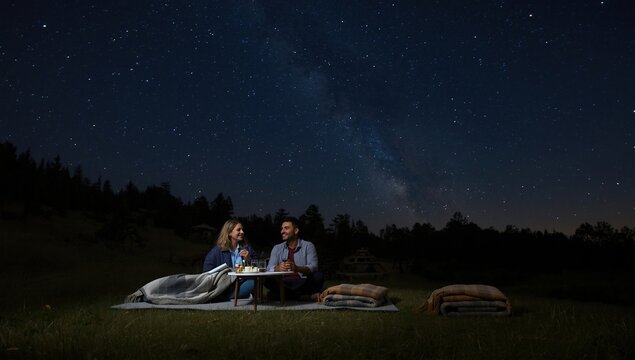 A couple enjoying a cozy night under the stars with blankets and a table in a serene outdoor setting