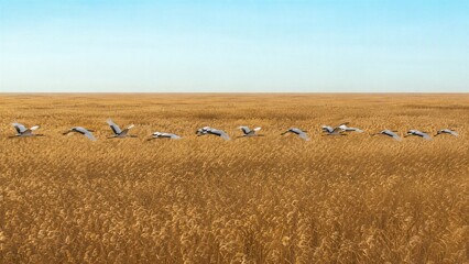 Fototapeta premium Flock of Cranes in Flight: A majestic flock of cranes gracefully soars in unison above a vast, golden field under a clear blue sky, symbolizing migration and freedom.