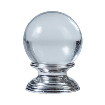 Elegant crystal clear glass orb on silver metallic pedestal isolated on transparent background