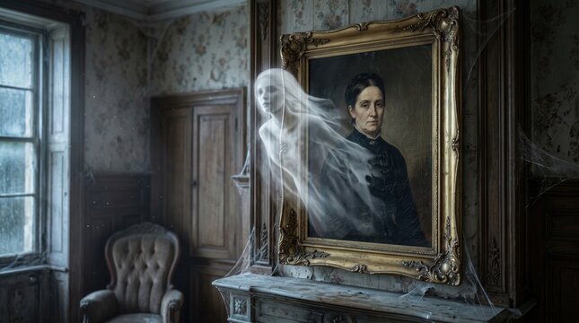 Ghost appearing in an old antique portrait inside a dark haunted house, creating a spooky Halloween scene with horror, mystery and supernatural atmosphere