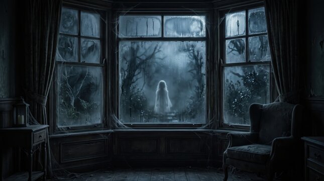 Ghostly figure outside a dark old house window on a rainy night, with cobwebs, vintage furniture and eerie lighting, creating a creepy Halloween horror scene