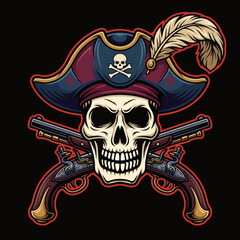 Fototapeta premium This striking illustration features a pirate skull wearing a hat adorned with a feather, crossed with two vintage pistols, embodying the adventurous spirit of piracy.